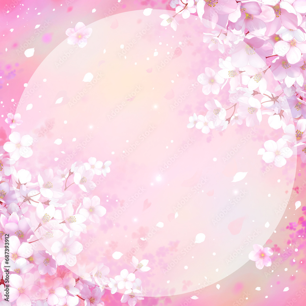 桜の背景素材　円形の枠　桜吹雪　お花見　入学　卒業　入園　卒園　入社　ひな祭り　雛祭り　正方形