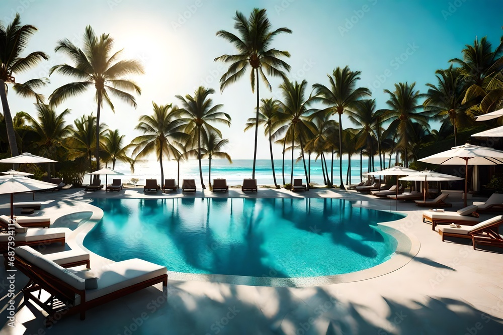 Lavish swimming pool, loungers, and umbrellas adjacent to the ocean and beach, with a clear sky and palm trees surrounding it