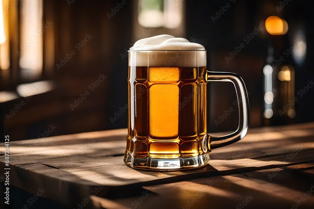 Mug of beer on wooden table