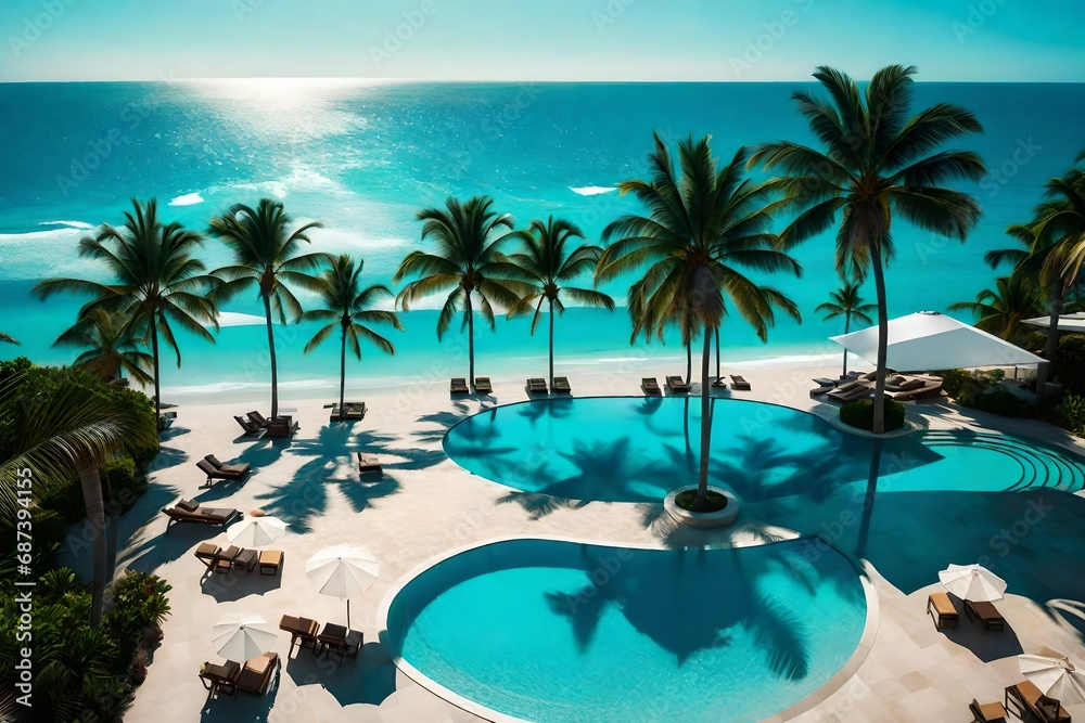 Opulent swimming pool, lounge chairs, and umbrellas next to the beach and the ocean, surrounded by palm trees and a clear sky