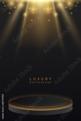 3d luxury shiny gold podium, pedestal, award in vertical black background vector design