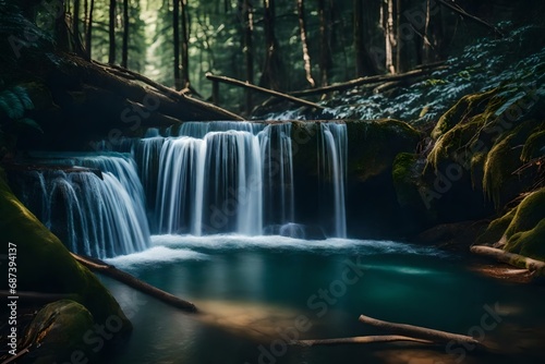 Natural waterfall in an untamed  deep forest