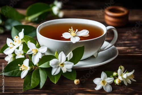On a wooden table, a cup of tea adorned with jasmine blossoms