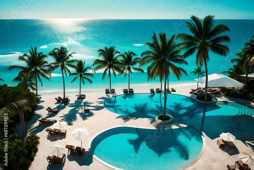 Opulent swimming pool, lounge chairs, and umbrellas next to the beach and the ocean, surrounded by palm trees and a clear sky