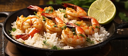 Jamaican-style shrimp with lemon and rice. photo