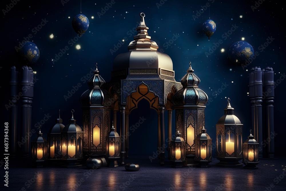 eid al fitr greeting with lanterns on dark blue background with generative ai