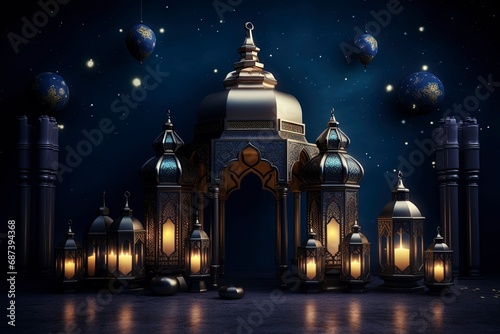 eid al fitr greeting with lanterns on dark blue background with generative ai