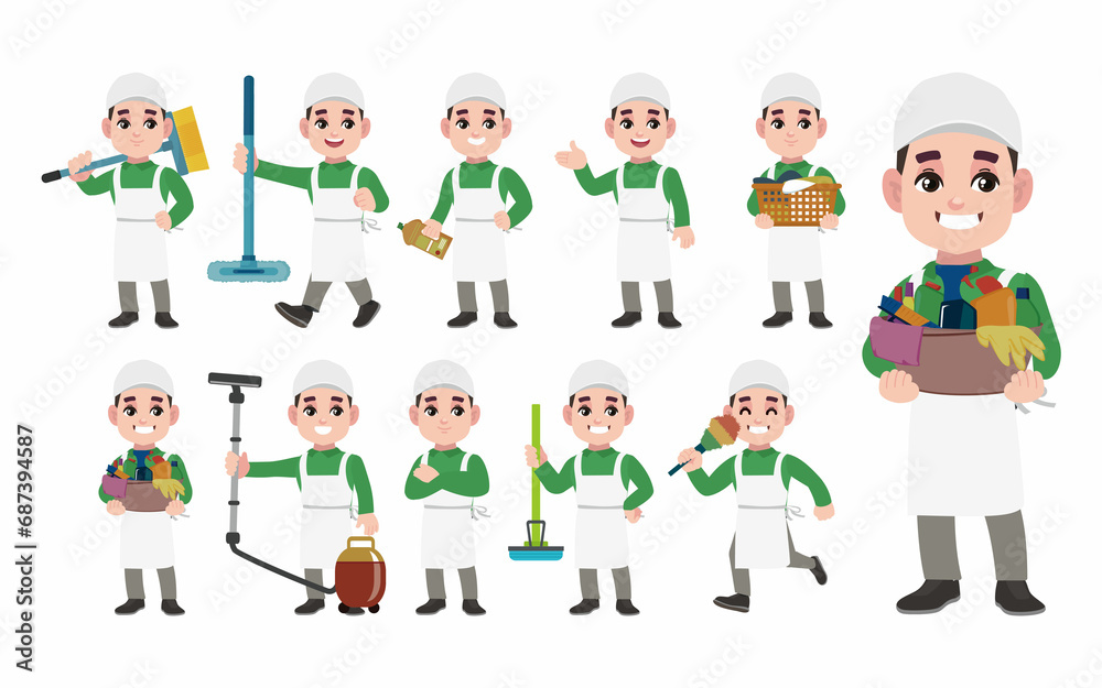 Set of cleaner with different poses