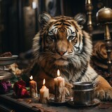 Ferocious Tiger mystical ritual with candles, prepare for night midnight ritual