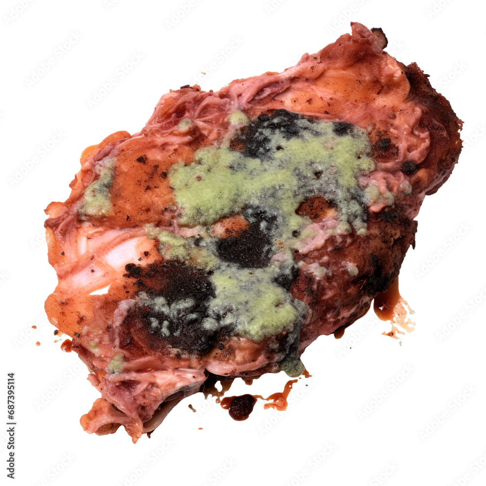 Top view of rotten spoilt raw pork chops isolated on a white transparent background 