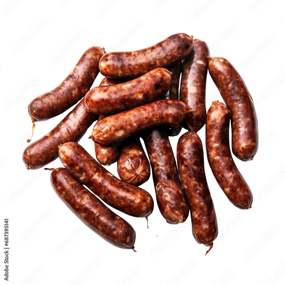 Top view of rotten spoilt raw sausage isolated on a white transparent background 