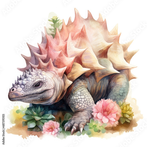 Stegosaurus and flower Illustration, Generative Ai