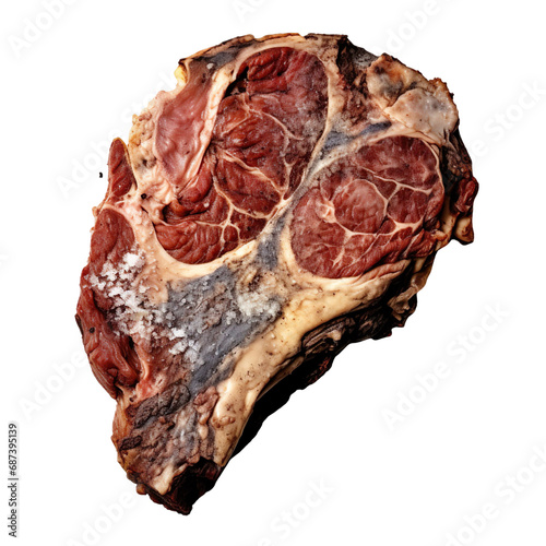 Top view of rotten spoilt raw steak isolated on a white transparent background  photo