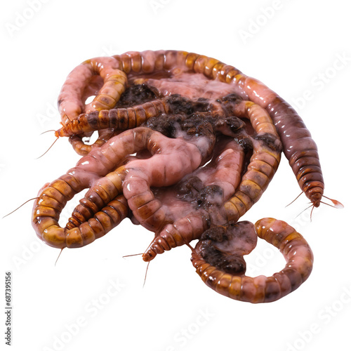 Top view of rotten spoilt raw sausages isolated on a white transparent background 