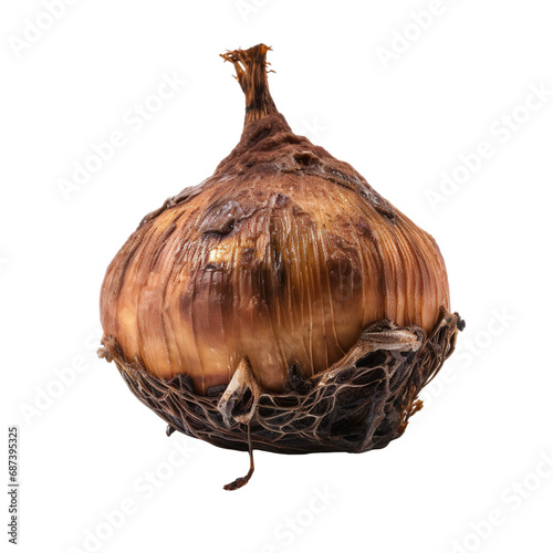 front view of a spoil rotten onion vegetable isolated on a white transparent background 