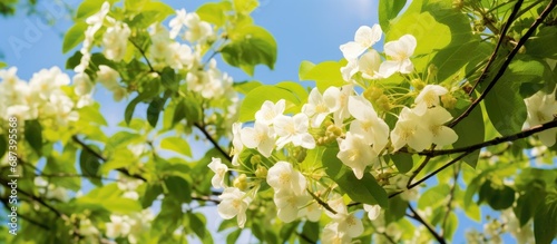 Southern catalpa tree with large heart-shaped leaves, clusters of white trumpet-shaped flowers, and yellow-spotted throat. photo