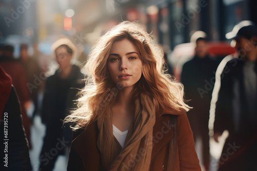 a young woman walks down a busy urban street at a sunny daytime © Kien