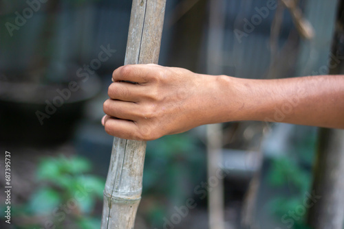A man is holding dry bamboo with his hand and blur background