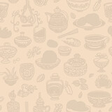 Monochromatic Asian Food, Food, Pattern, Background, Wallpaper, illustration, art