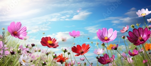 The flowers in blue, purple, red, and pink colors are blooming beautifully, surrounded by green nature, under the shining sun in the open sky.