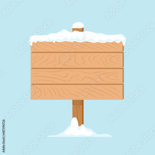 Wooden signboard in snow isolated on blue background. Vector winter illustration. Cartoon flat style.
