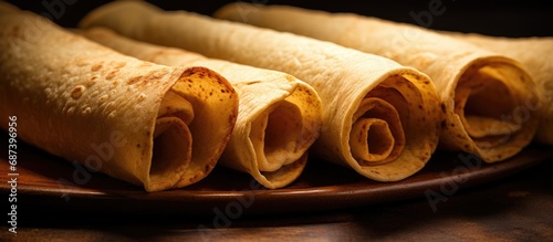 Rolled corn tortilla filled with options like chicken, beef, or potatoes; also known as Flautas. photo