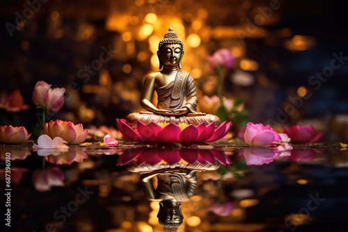 glowing golden buddha decorated with colorful flowers  photo