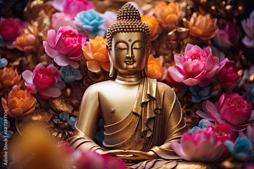 glowing golden buddha decorated with colorful flowers 