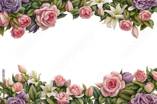 border frame of flowers and leaves on white