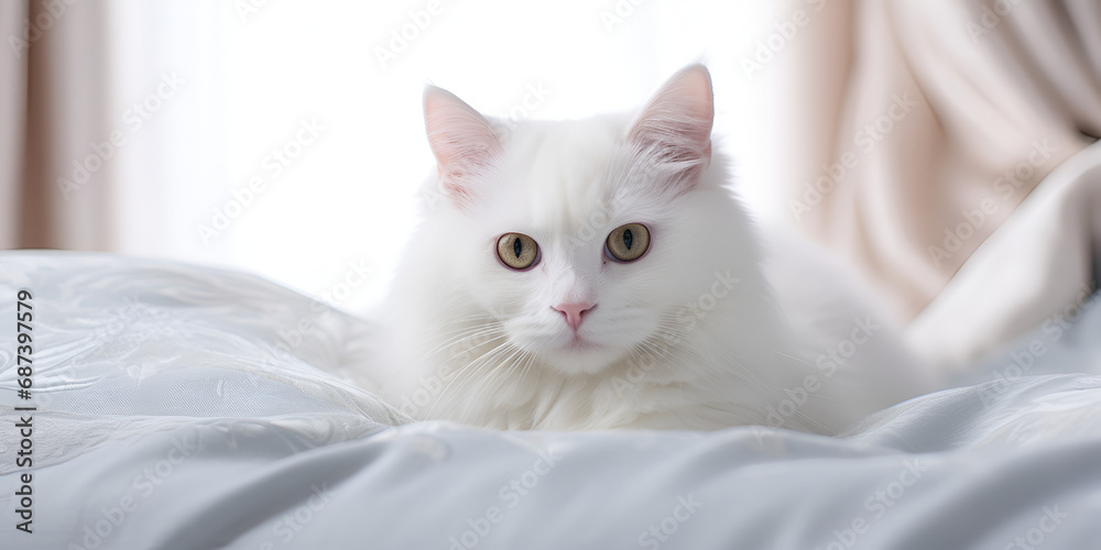 white cat sleeping on bed,Sleepy young white mixed breed cat on light gray plaid in contemporary bedroom. pet warms on blanket in cold winter weather. pets friendly and care concept,Ling the White 