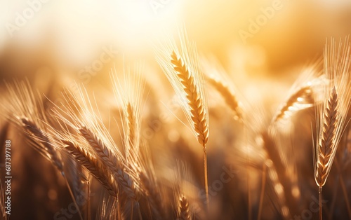 Close up golden wheat field with swaying ears of wheat under the shining sun