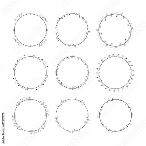 Set Abstract Black Collection Simple Line Round Circle With Leaf Leaves Frame Flowers Doodle Outline Element Vector Design Style Sketch Isolated Illustration For Wedding And Banner