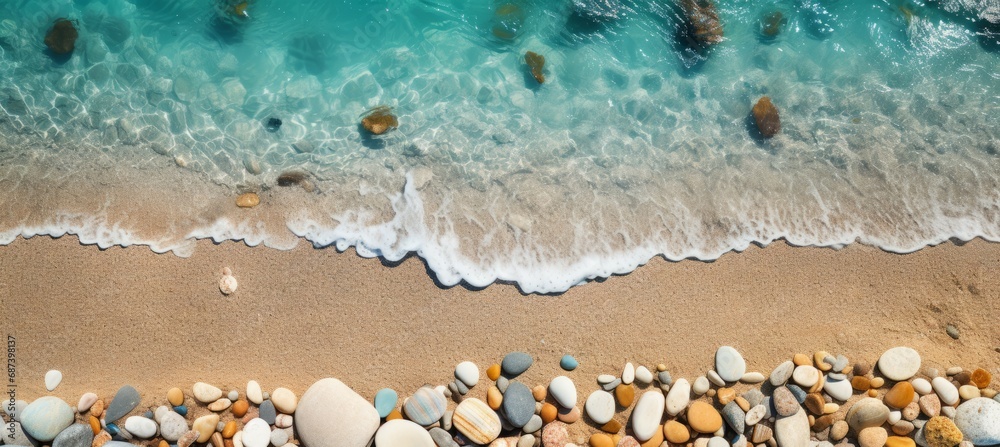 Summer sandy beach and pebble stone. Generative AI technology. - obrazy, fototapety, plakaty 