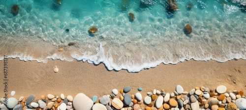 Summer sandy beach and pebble stone. Generative AI technology.