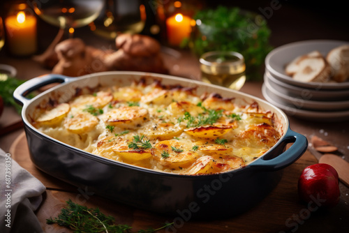 Scalloped Potatoes in baking dish on christmas table