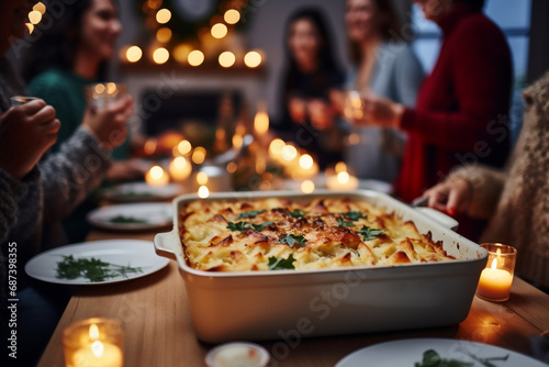 Close up of a baking dish with food on the background of a group of friends celebrating Christmas