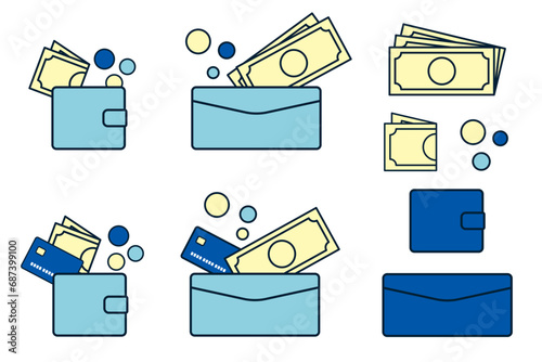 財布とお金のシンプルなイラストセット