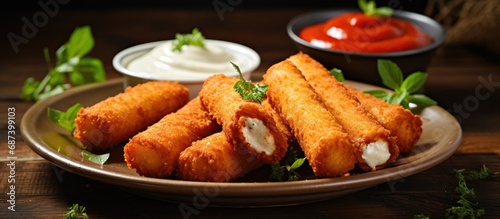 Mozzarella cheese sticks with sauces on a plate. © 2rogan