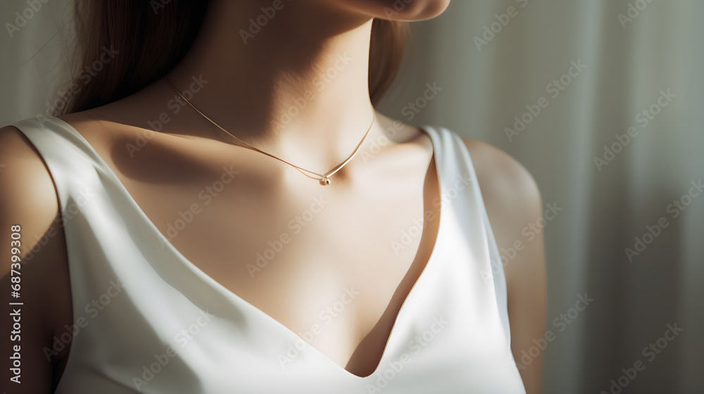 The neckline of a girl in a white sleeveless blouse with a thin chain. Detailed photo