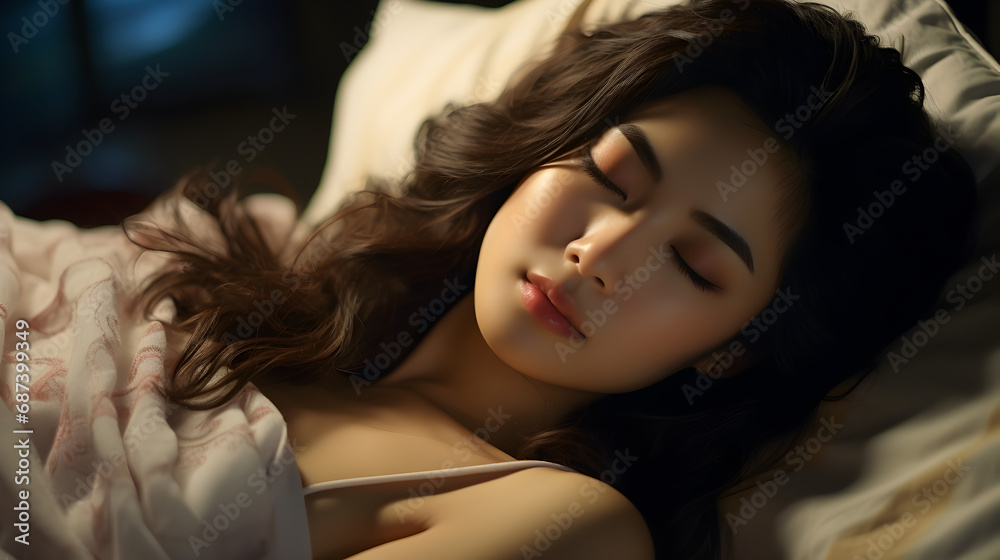 Naklejka premium Young Asian Woman in Pajamas Sleeping Happily on the Bed in Bedroom at Night