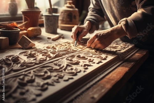 Artisan hands meticulously carving ornate details into wood. Traditional craftsmanship.