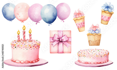 Watercolor birthday set, balloons, fires, bows gifts, muffin, cupcake and cakes, blowing out candles, isolated. Suitable for a variety of holiday designs and parties, baby gender recognition party.