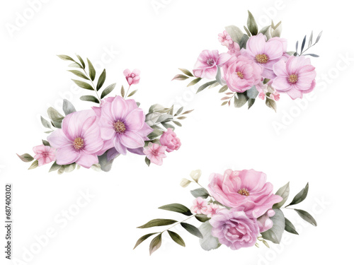 Watercolor wedding set, graceful bouquets of spring flowers in a delicate pastel palette. Suitable for wedding invitation designs, and various holiday themed designs.