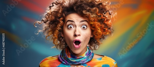 Surprised young woman with curly hair dyeing tye die clothes, appearing skeptical and sarcastic with open mouth.