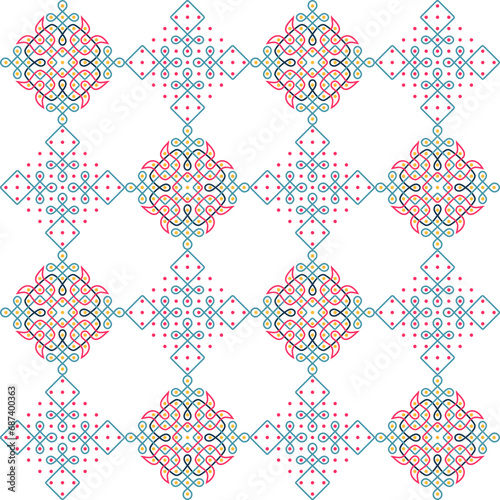 Knots and Curves in pastel pink,yellow and blue on white background - Indian Cultural Rangoli or Paisley vector line art in seamless pattern, for fabric, textile, wrapping paper, garment, phone case.
