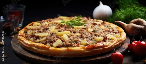 Rustic-style Balkan pie with meat, potato, spices on a gray table.