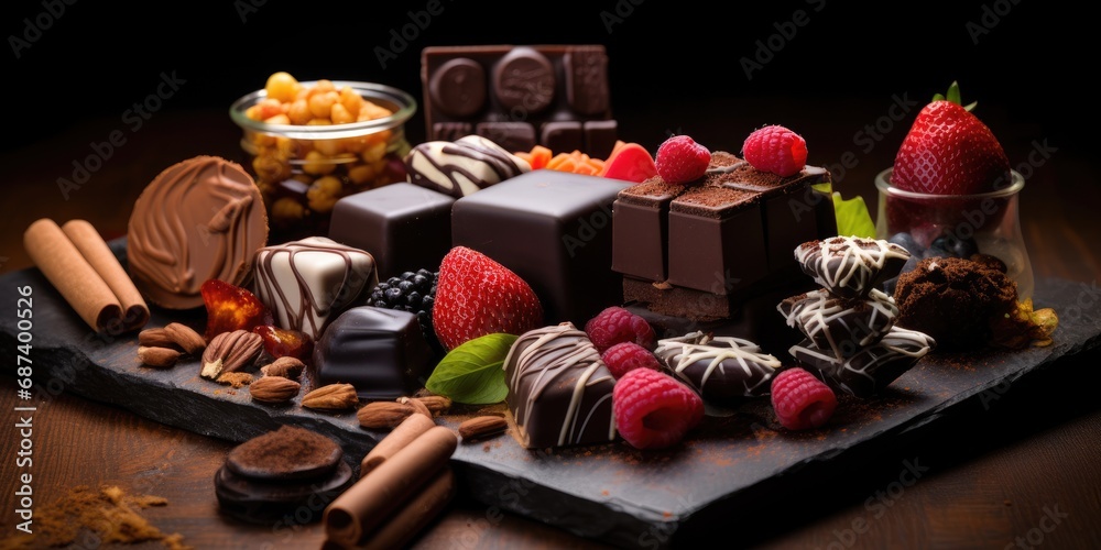 Assortment of fine chocolates with fruit, nuts or other delicious ingredients Assortment of fine chocolates with fruit, nuts or other delicious ingredients
