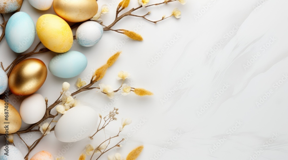 Beautiful Easter eggs and tree branches on light background with space for text top view.