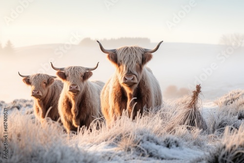 Highland cows gazing away in winter scenery, foggy morning photo