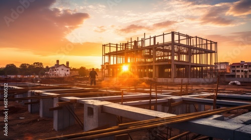 Construction site and sunset , structural steel beam build large residential buildings. photo